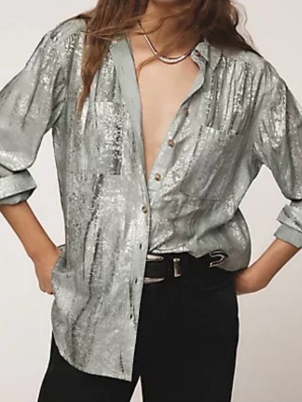 Anthro Pilcro Foil Shine Buttondown Shirt Size Meduim